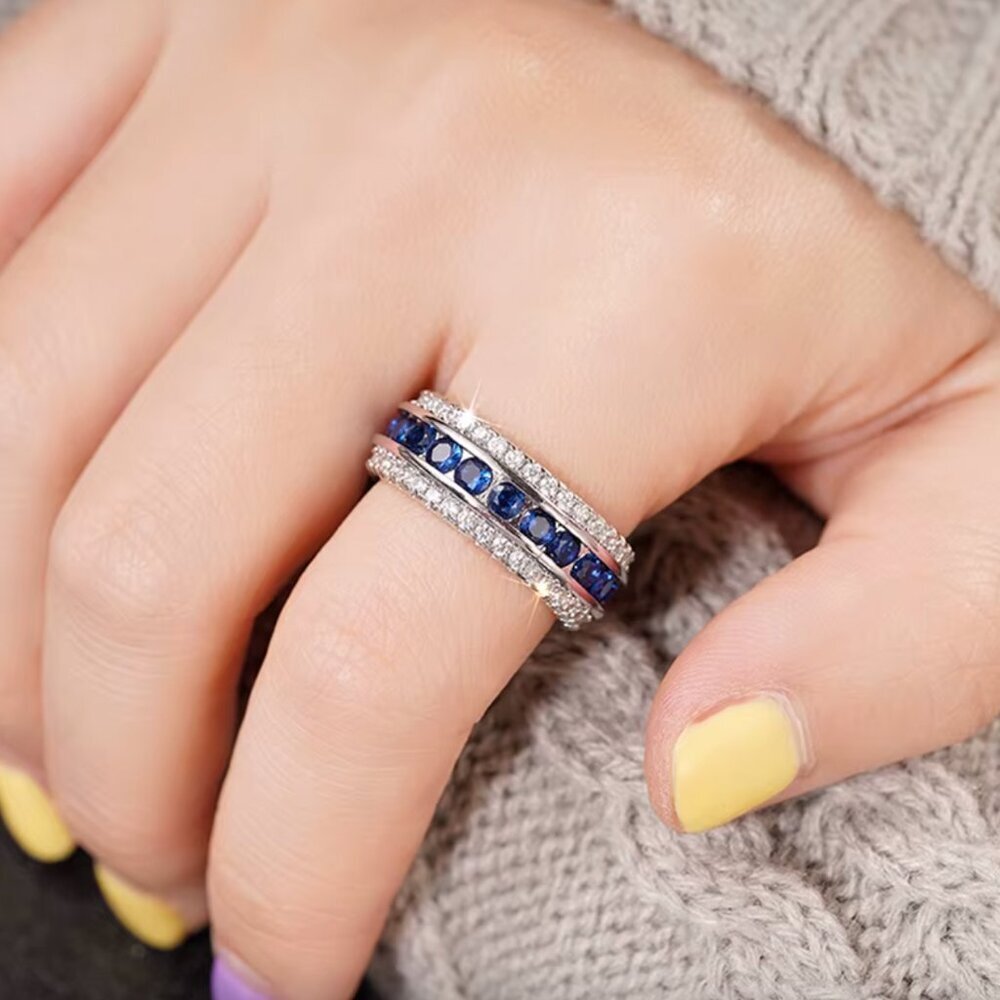 NEW 18k White Gold Sapphire Diamond Eternity Ring - Picture 2 of 7